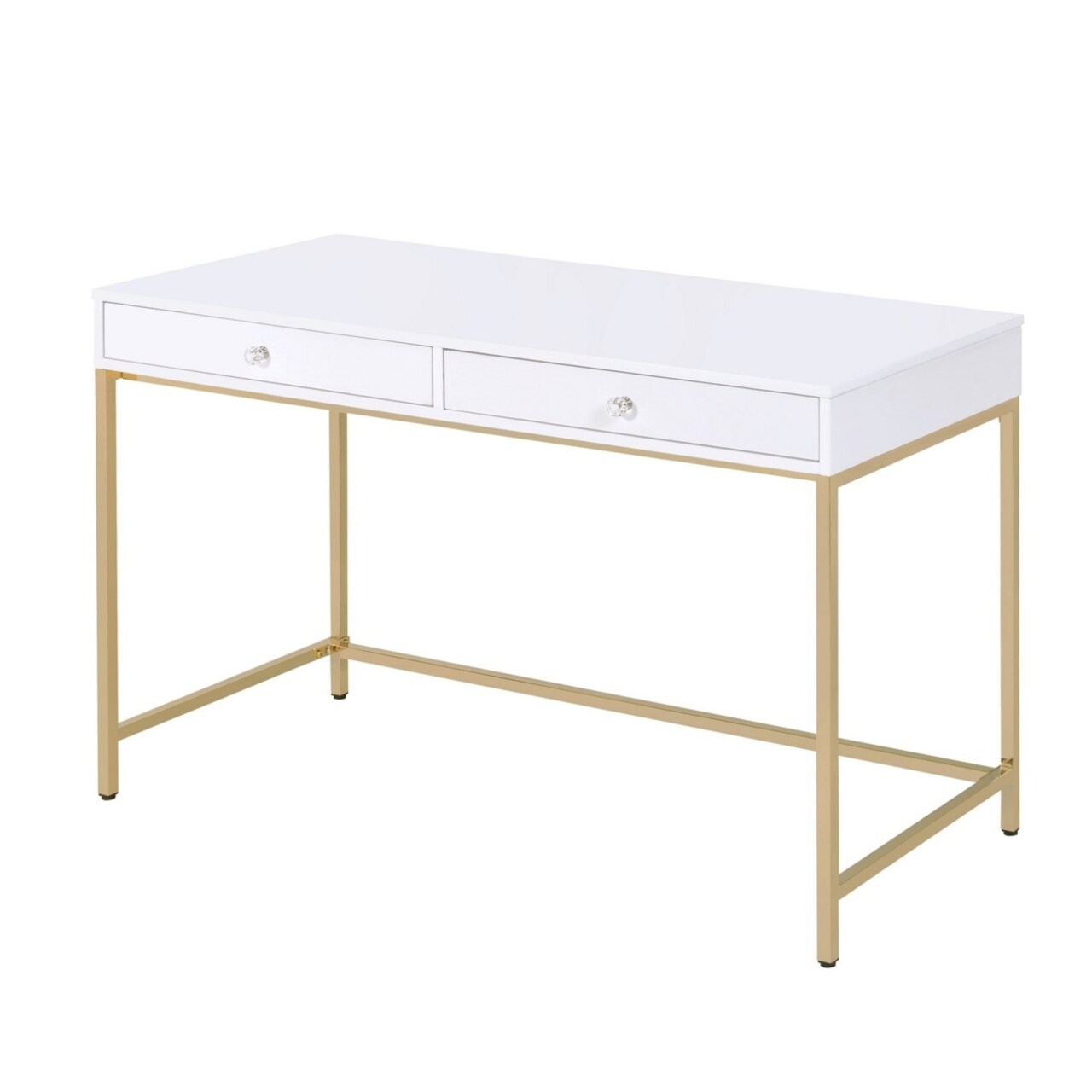 Saltoro Sherpi Two Drawers Wooden Desk with Tubular Metal Base, White and Gold-